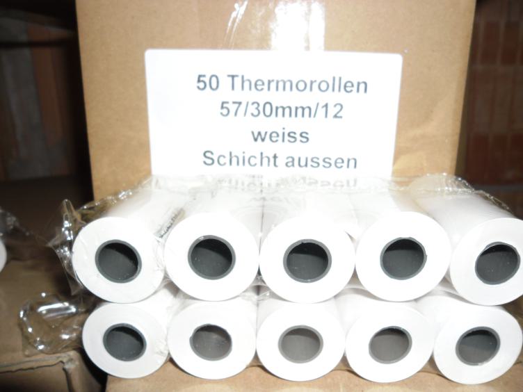 Bonrollen Thermopapier 57/9 m/12  Durchm. 30 mm mit Text 
