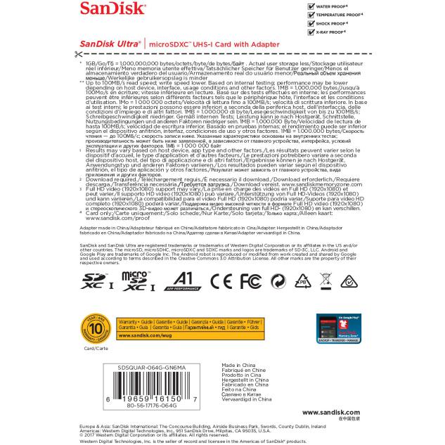 MicroSDXC 64GB Sandisk Ultra 100MB/s A1 CLass 10 