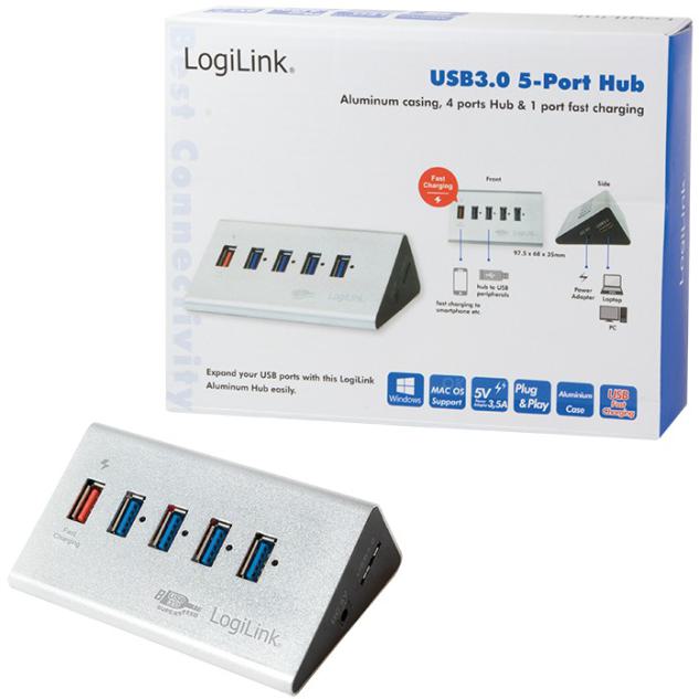 USB3.0 HUB 5Port SuperSpeed 1x USB Power passiv LogiLink Silver 